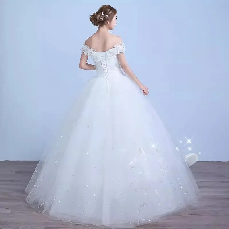 Cheap Wedding Dresses White Floral Off the Shoulder Sequins Bling Princess Simple Floor-length Plus size Bride Ball Gowns XN086