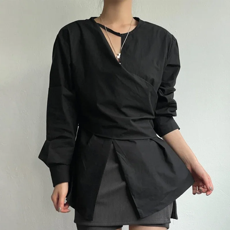 Chic Irregular Shirts Blouses Hollow Out Blusas Mujer Criss Tunic Ropa Mujer Spring New Camisas Korean Fashion Shirt Tops