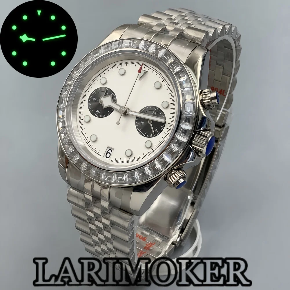 LARIMOKER 39mm Multi-Function VK64 Quartz Chronograph Sapphire Crystal Bezel Green Lume Water Resistant Steel Jubilee Bracelet