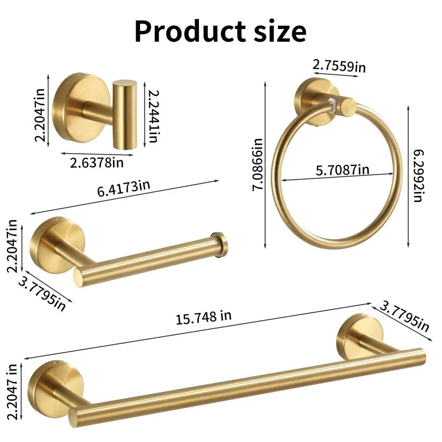 Hardware Set Brushed Gold, 10pcs Towel Bar Set Including 2pcs16 inch Towel Bars, Toilet Paper Holders, Towel Rings and 4pcs Robe
