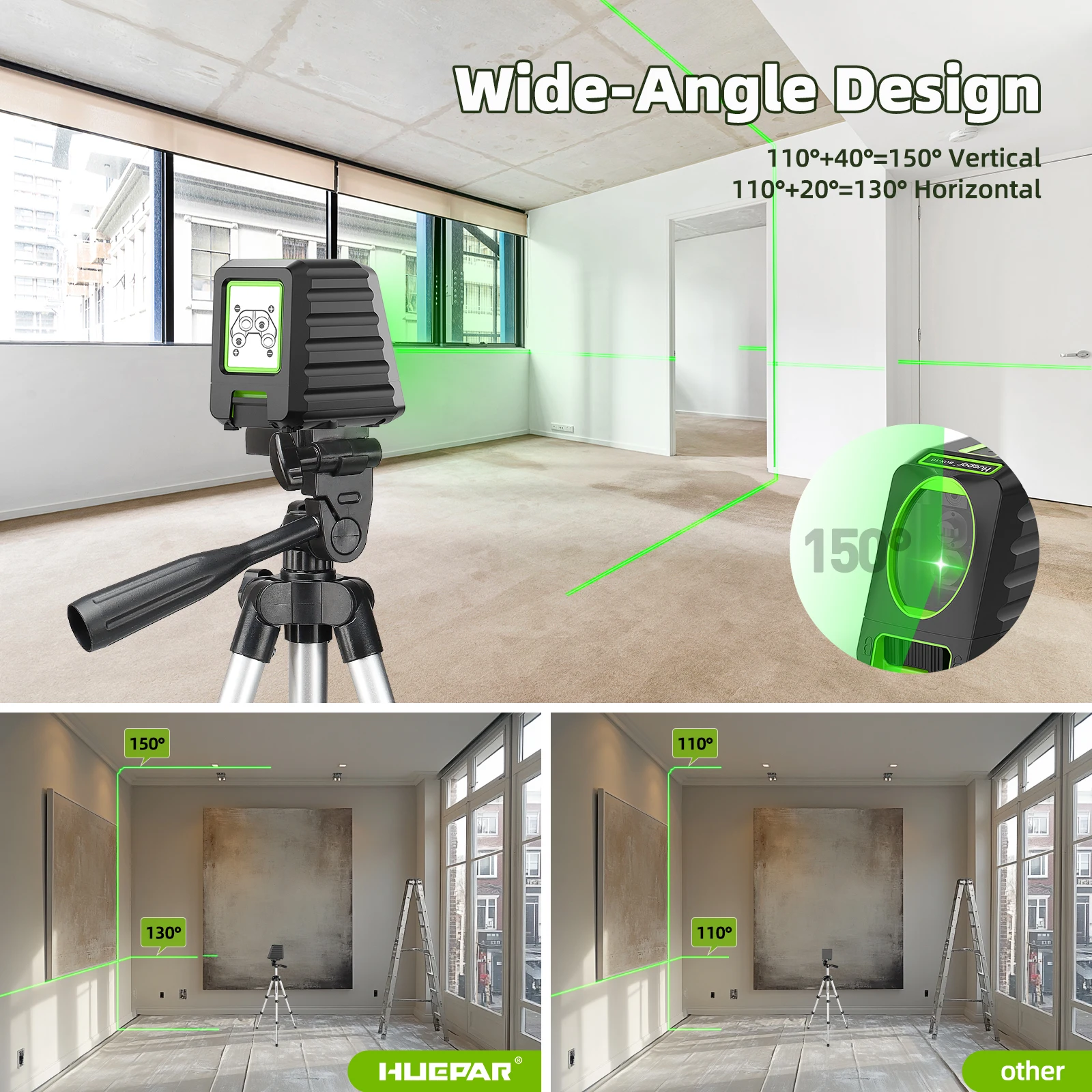 Huepar BOX-1GT Laser Level Oscram Green Brignter and More Accurate Laser Lins with 65cm Self-leveling Tripod