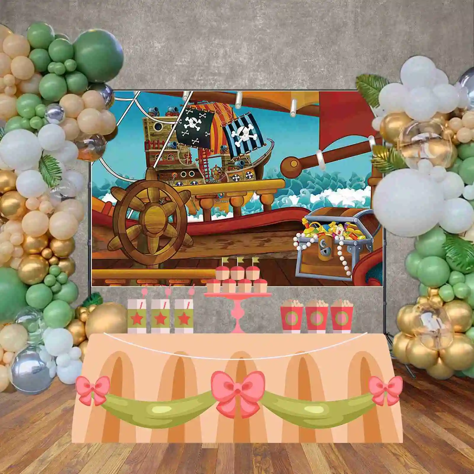 MOON.QG Pirate Ship Photography Backdrop World Map Wheel Sailing Photozone Background Children Studio Photobooth Props