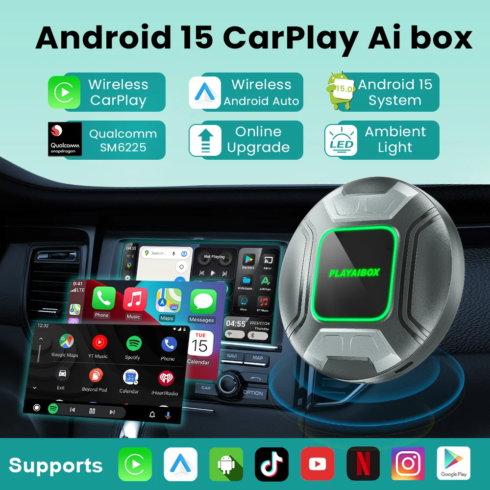 Android 15 CarPlay Ai Box لاسلكي Android Auto Dongle 8GB + 128GB لـ Youtube Netflix لـ Frod C‐MAX Flex Focus Edge F‐150 Fusion