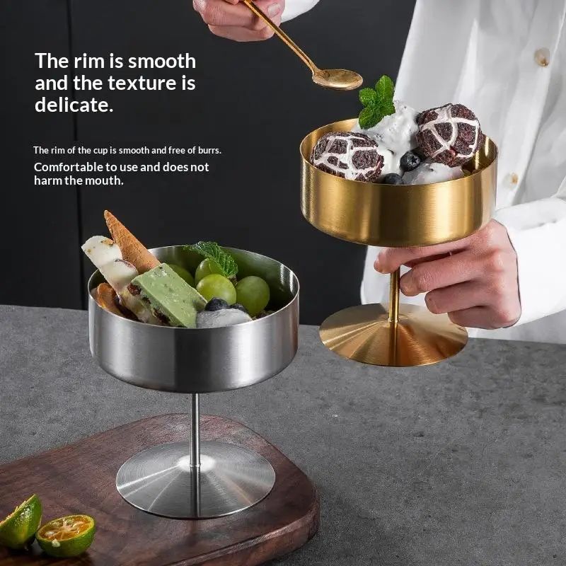 Stainless Steel Dessert Cups Pudding Cup Luxury Ice Cream Cup High Footed Yogurt Dessert Cup Serving Plates Fruit Bowl Cake Dish
