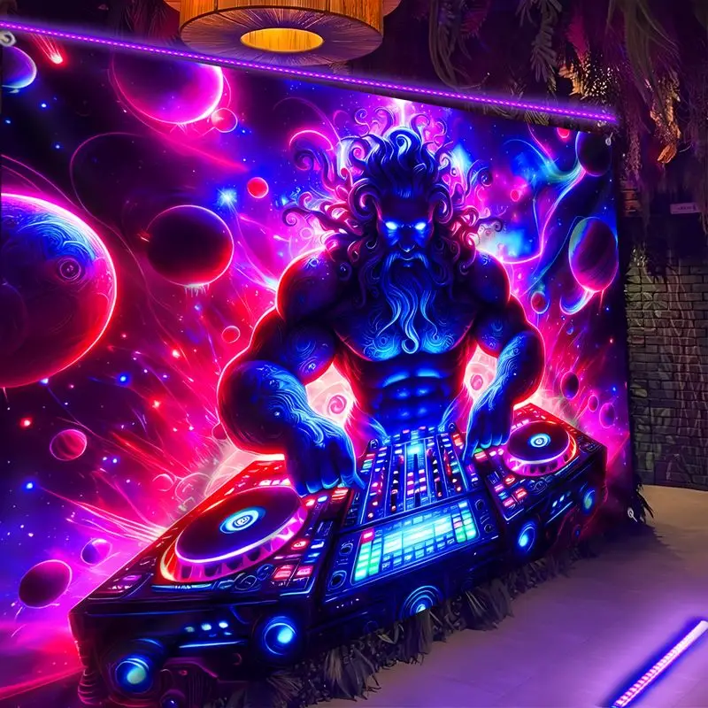 VIKAMA Wall Tapestry Psychedelic Zeus Dj Tapestry Black Light Lamp Universe Print Hanging Cloth Living Room Room Decoration