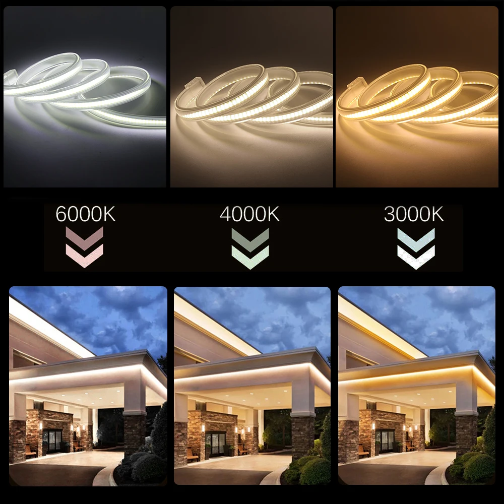 COB LED Strip AC 220V Waterproof 288Leds/M Warm/Natural/Cool White Garden Decor Flexible Ribbon Tape Light Strip