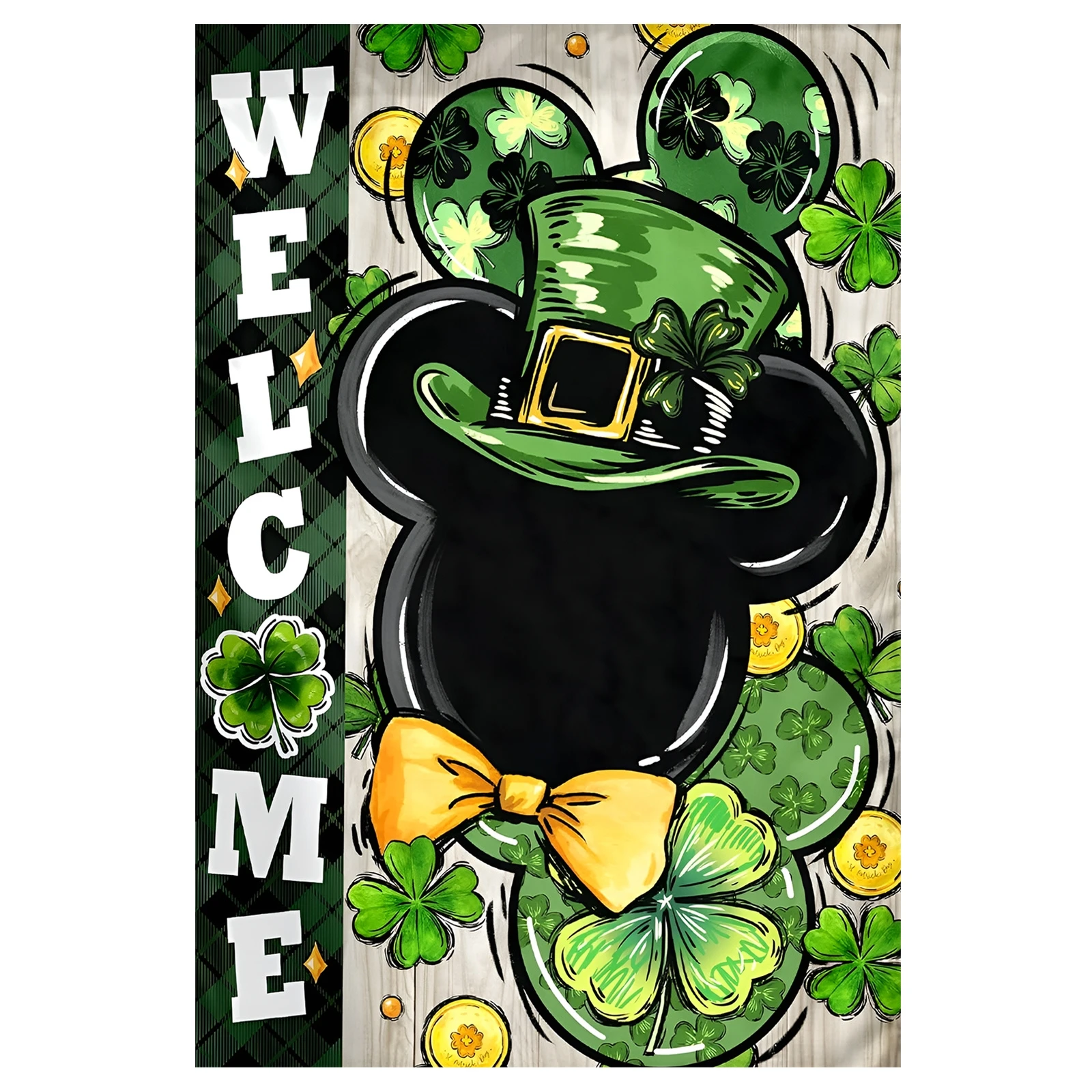 Welcome St Patricks Day Mouse Decorative Garden Flag, Green Black Hat Shamrock Clover Stripes Yard Outside Decorations, Irish Ho