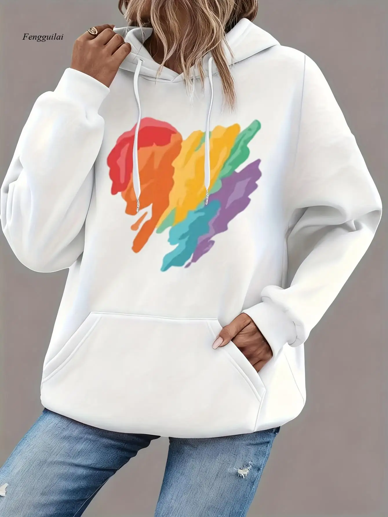 Wintersweater met capuchon - Trui met pastelregenbooggeometrische print en kangoeroezak, zachte loszittende hoodie
