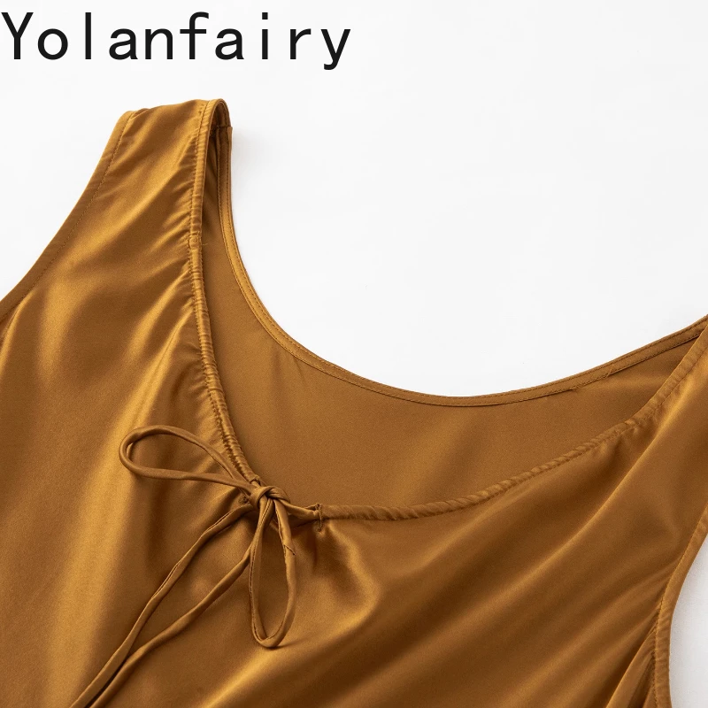 YOLANFAIRY 93% 뽕나무 실크 Sundress 여성 프랑스어 부드러운 크레페 새틴 여성 드레스 레트로 Drawstring 여름 우아한 숙녀 드레스