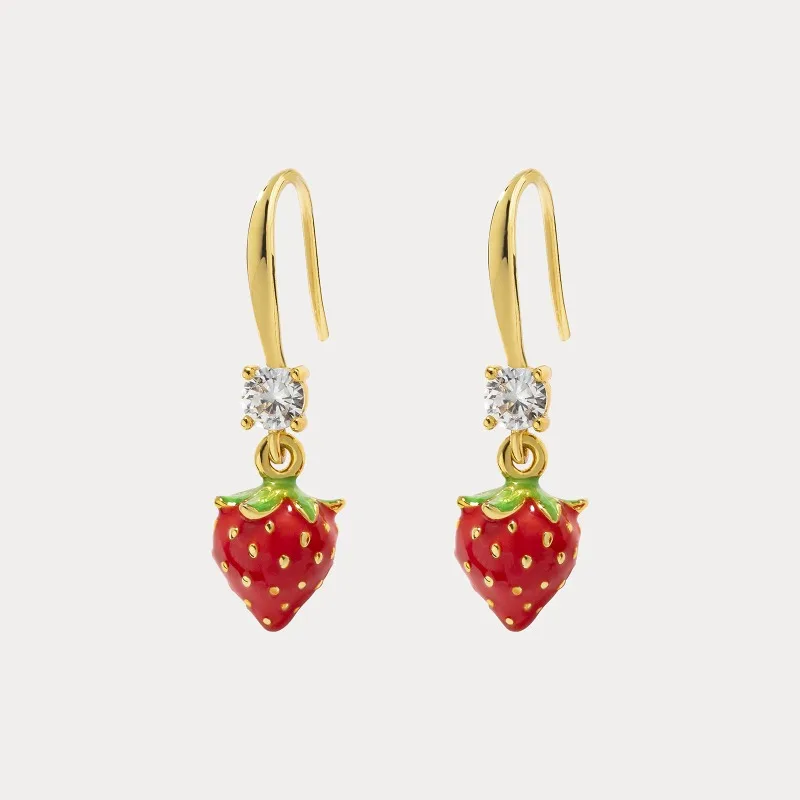 New Bohemia Style Cute Strawberry Charms Dangle Fishhook Earrings for Women, Handpainted Enamel Clear Cubic Zircon Inset Jewelry