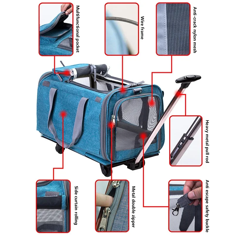 Cat Dog Carrier Portable Pet Trolley with Removable Wheels and Telescopic Handle Multi-Function Outdoor Travel Dog Carrier Bag