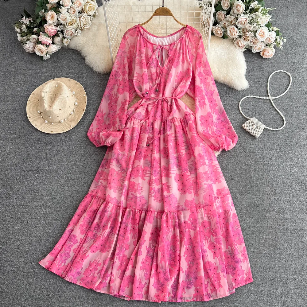 UNI rétro imprimé fleuri pansement robe élégante a-ligne lanterne manches décontracté à lacets taille haute robe femmes été