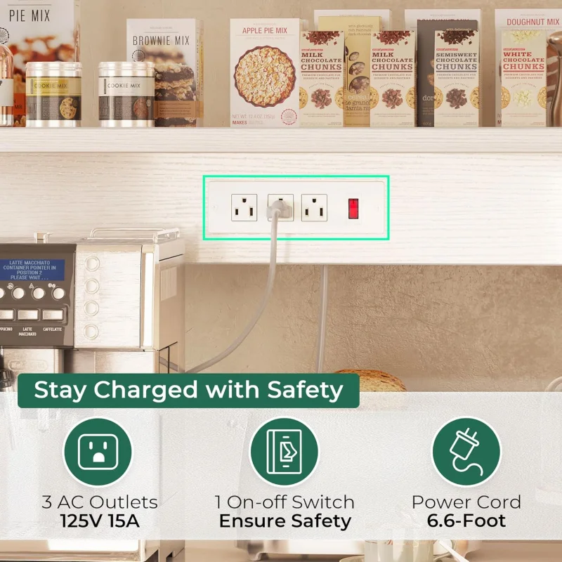 Bakers Rack with Power Outlet, 35.4 Inches Coffee Bar with Wire Basket, Kitchen Microwave Stand with 6 S-Shaped Hooks, Open Stor