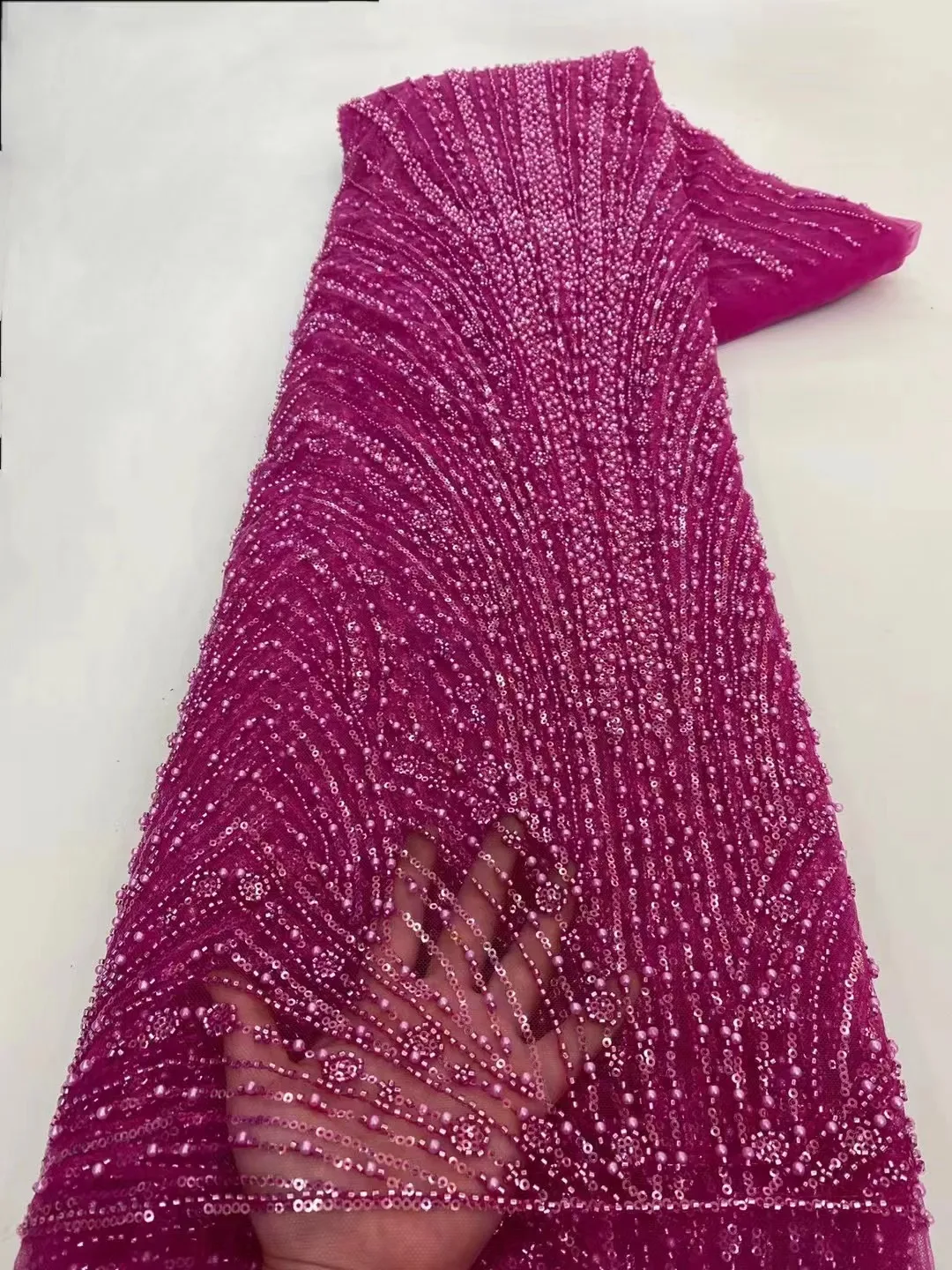 

African Sequins Beaded Lace Fabric Nigerian Groom Embroidery 2024 High Quality French Tulle Lace Fabric For Bridal Wedding