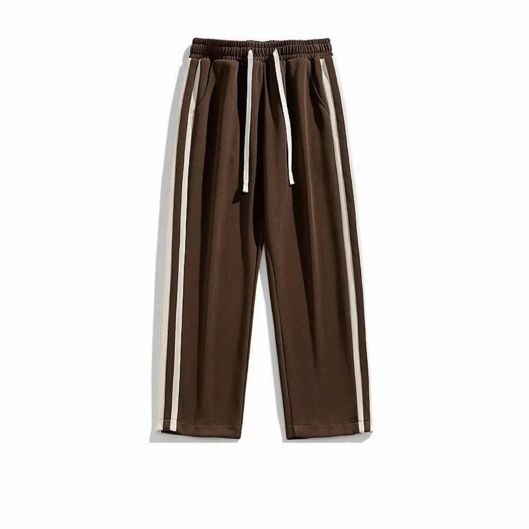 2026 Quick Dry Wide Leg Long Pants Unisex Brown Side Double Stripes Drawstring Y2K Retro Hip Hop Sports Streetwear Trousers