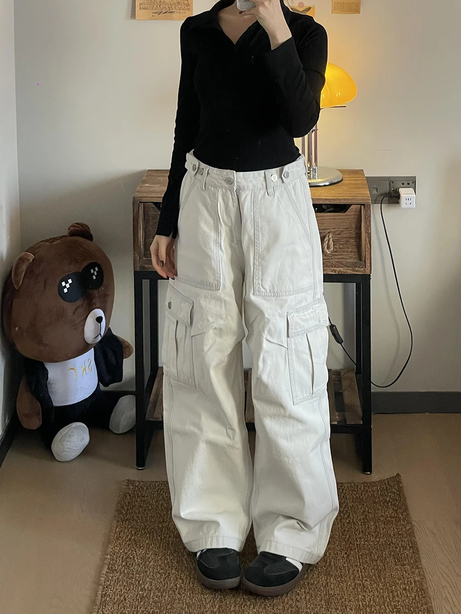 

White Workwear Denim Jeans Men's Autumn Winter Pleated Design Wide Leg High Waist Flared Straight Leg Long Trousers Multi ...