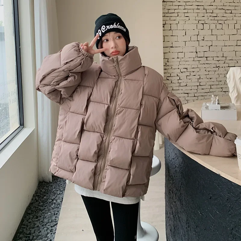 Women'S Down Coat Quilted Puffer Cotton-Padded Clothes Korean Stand Collar Thicken Warm Oversized Bread Jacket Woman Coat Winter