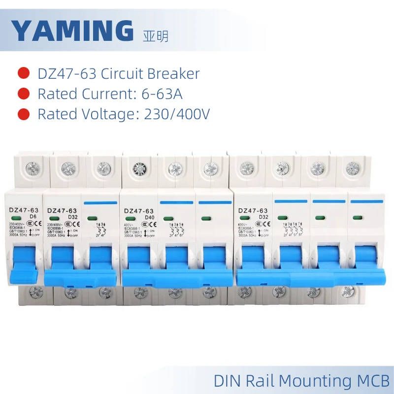 DZ47-63 MCB DIN Rail Mount 3P Miniature Circuit Breaker 400V 6-63A Three Poles Switching 50HZ Overload