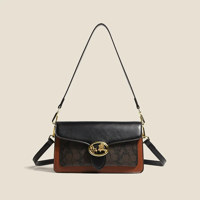 

Classic style small square bag with contrasting color design, flap-style retro style handbag made of PU material