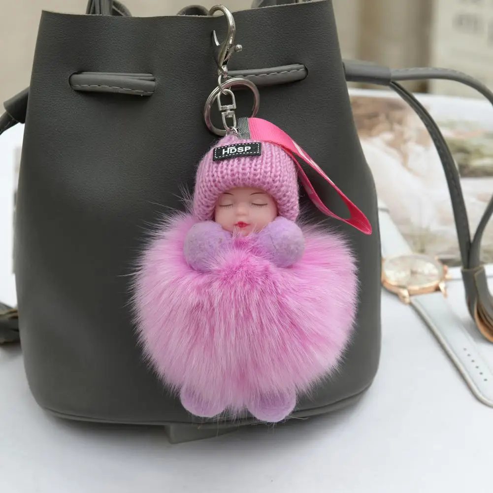 Pompom Sleeping Baby Keychain Cute Fluffy Plush Doll Fashion Keyholder Women Girl Bags Keyring Cars Key Ring Charming Decoration