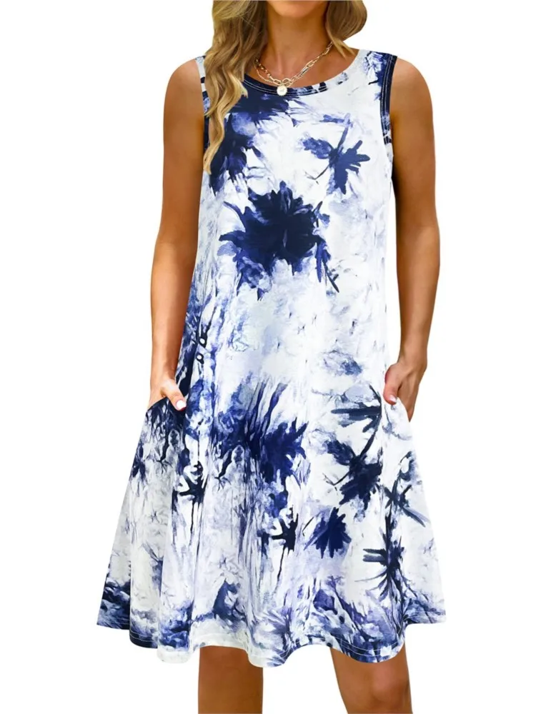 Abito con stampa floreale alla moda Lady Casual O Collo senza maniche Abiti larghi per le donne Estate Boho Holiday Beach Gonna Abbigliamento da donna