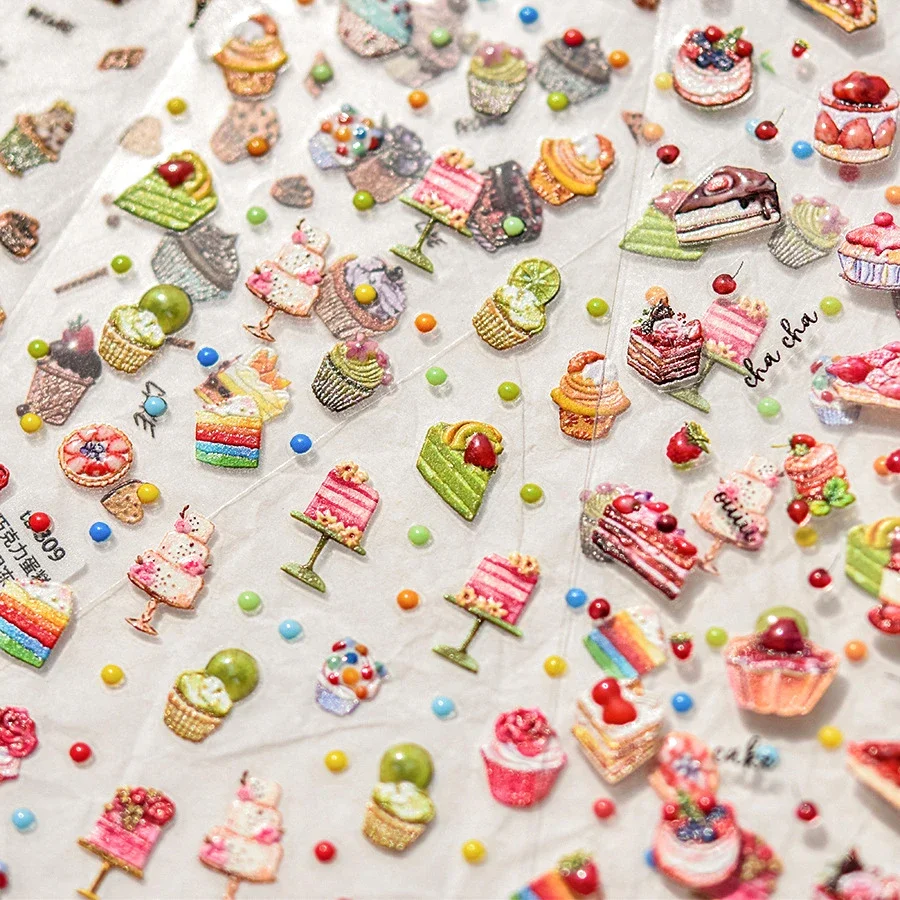 Sweet Jelly Chocolate Cake Doughnut Lollipop Biscuit Bread Candy Dessert Cookie Embossed Relief Nail Art Sticker Manicure Decals