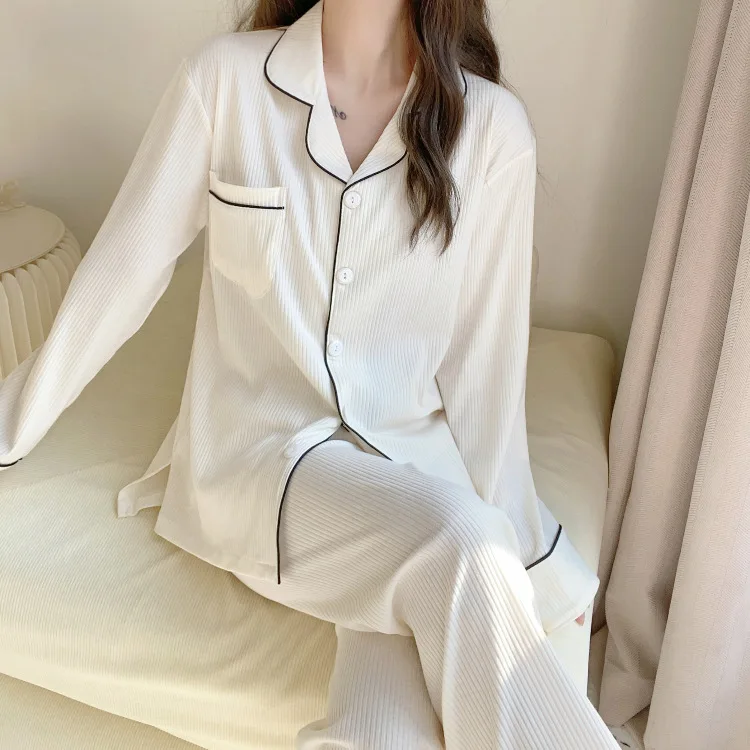 

Spring Autumn Women's Pajama Set Long Sleeve Solid Ladies Sleepwear 2 Pcs with Pant Single Breasted Comfortable Pijama Female