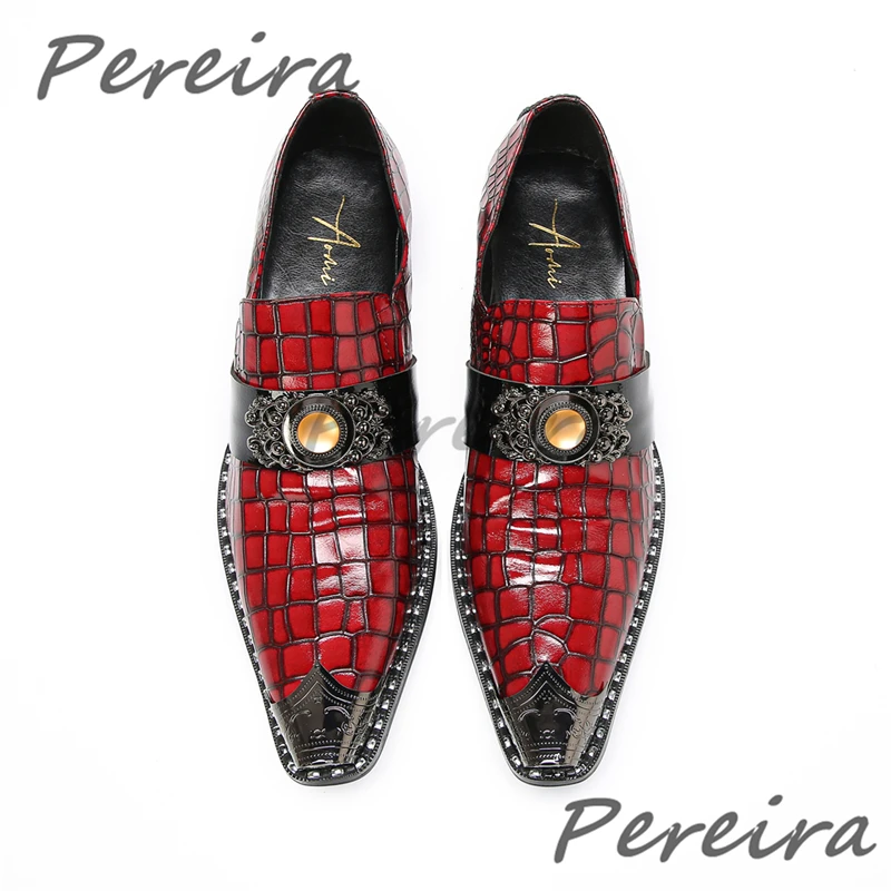 Red Crocodile Pattern Genuine Leather Formal Shoes Gemstone Strap Iron Toe Cowhide Loafers Trendy Men Party Wedding Dress Shoes
