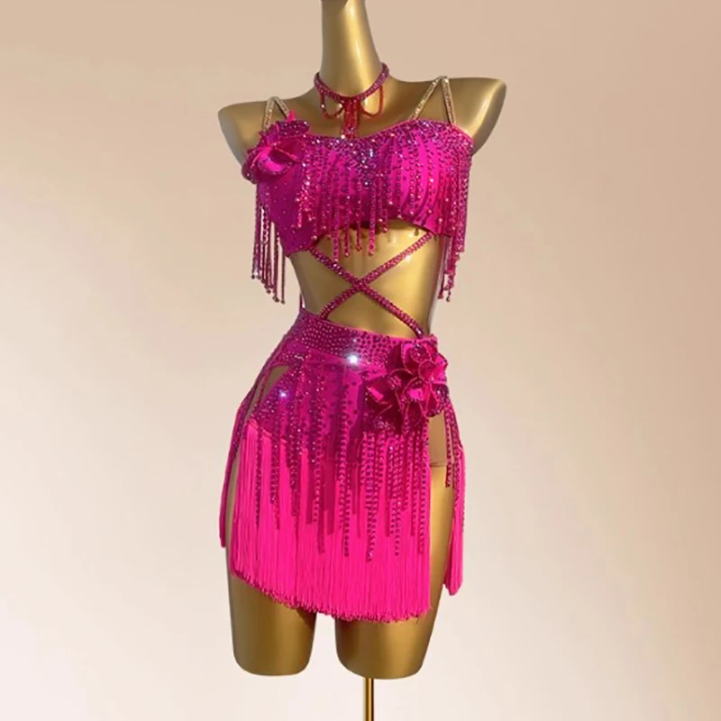 Donne Flash Diamond Nappe Abito Latin Dancewear Bambini Gilrs Spaghetti Strap Backless Lucido Rumba Chacha Costumi di prestazione