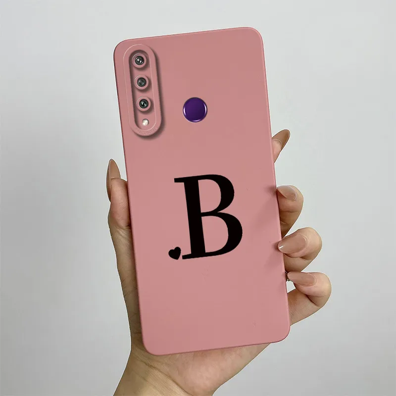 For Huawei Y6P Case Huawei Y7P Cover MED-LX9N ART-L28 ART-L29 2020 Cute Initial Letters Square Phone Case Shockproof Back Cover