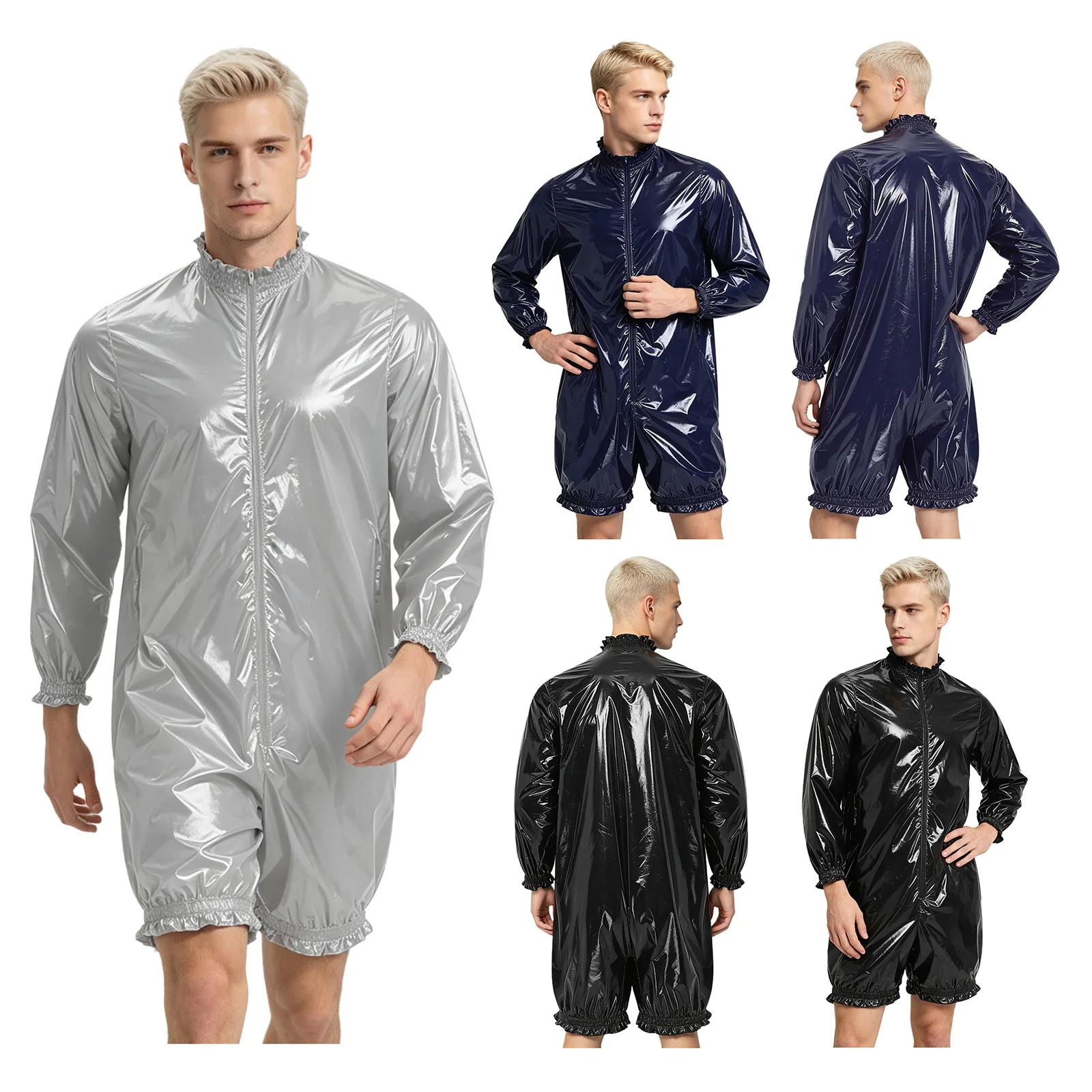 Herren Wasserdichter Vinyl-Bodysuit Badeanzug Langarm Vorderer Reißverschluss Kurze Hose Leotard Overall Gerüschter Windelüberzug Einteiler – Detail 2