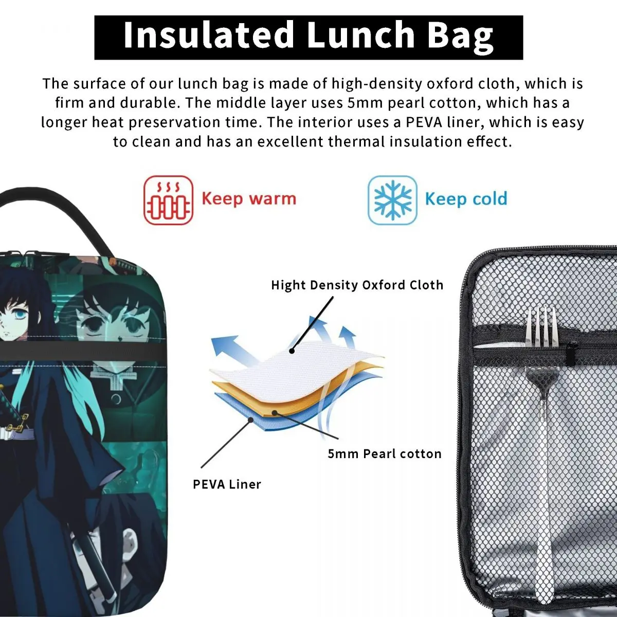 Tokitou Muichirou Insulated Lunch Bag Cooler Bag Lunch Container Demon Slayer High Capacity Tote Lunch Box Food Bag Outdoor