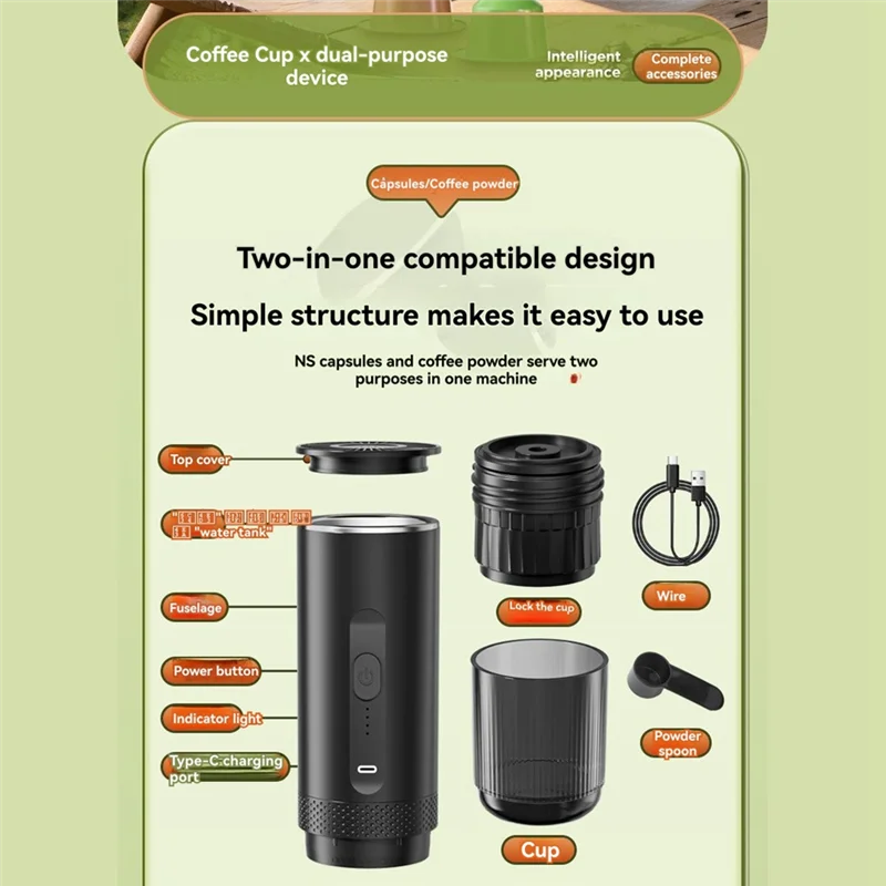 

A98I-Portable Espresso Maker Wireless Electric Coffee Maker For Camping Office Hiking RV