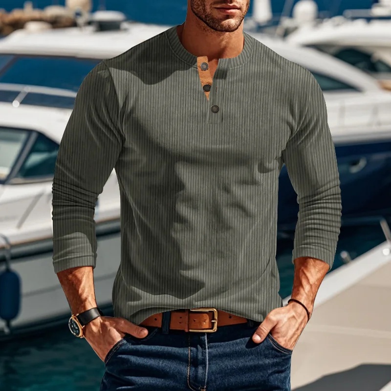 Men Vertical Ribbed Henley Long Sleeve T‑Shirt Button Notch Neck Casual Solid Color Autumn Tops