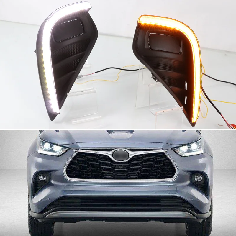 3-in-1 Front Fog Warning Lamp White DRL Light Night Blue Driving Light Turn Signal Lights For Toyota Highlander 2020 -2023