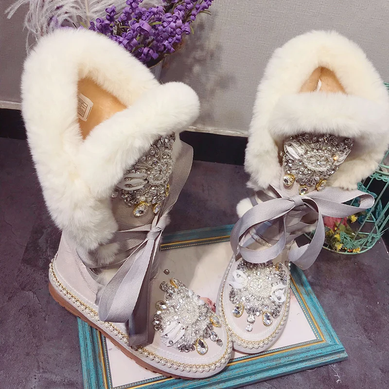 New Handmade Custom Real Fur Warm Snow Boots Pearl Rhinestone Ankle Boots Women Winter Shoes Women Non-Slip Botas de mujer