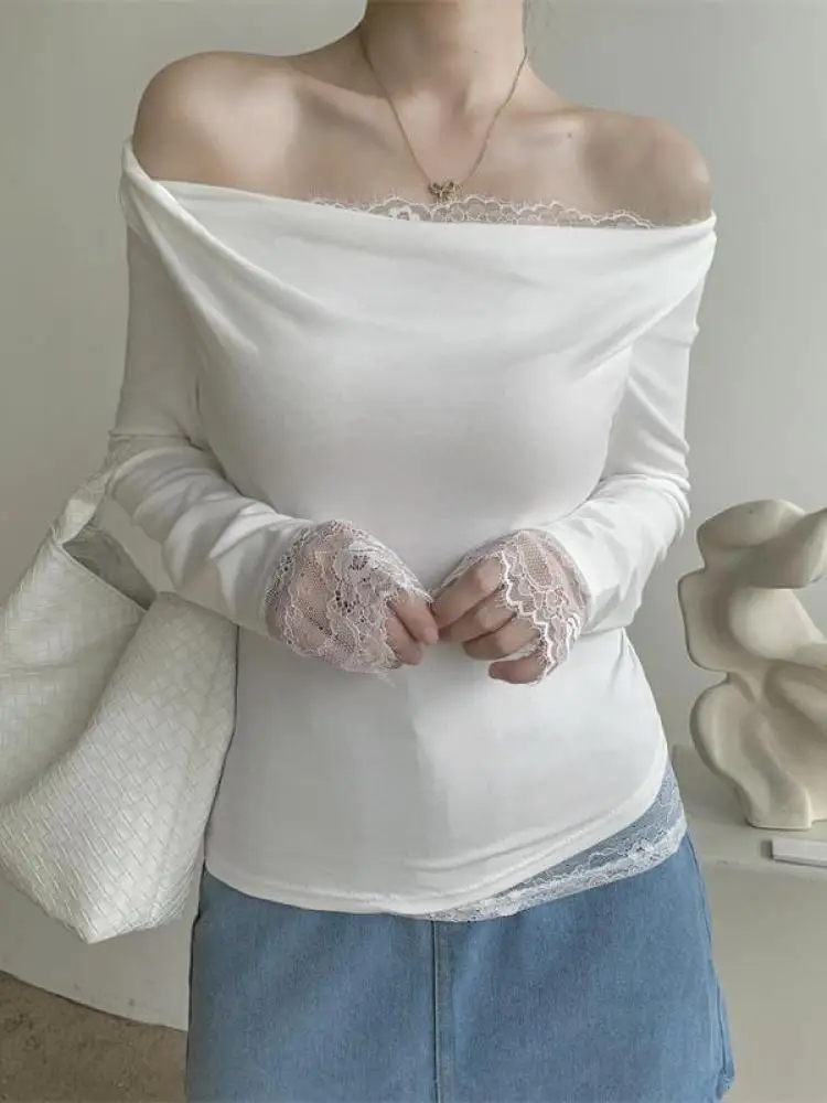 

Korean Women's Black White Grey Patchwork Lace Long Sleeved Versatile Pleated T Shirt Autumn Vintage Fashion Vacation Short Tops