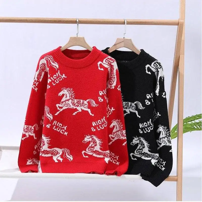 

Year Of The Horse Chinese Style Men Sweater Knit O-Neck Elastic Winter High Quality Soft Comfortable Pullovers Sueters De Hombre