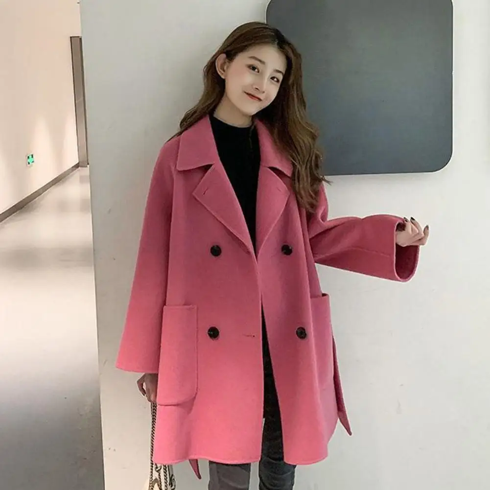 Mid-length Women Coat Stylish Double-breasted Woolen Jacket for Women Chic Outerwear for Work Outdoor Activities Fall Winter