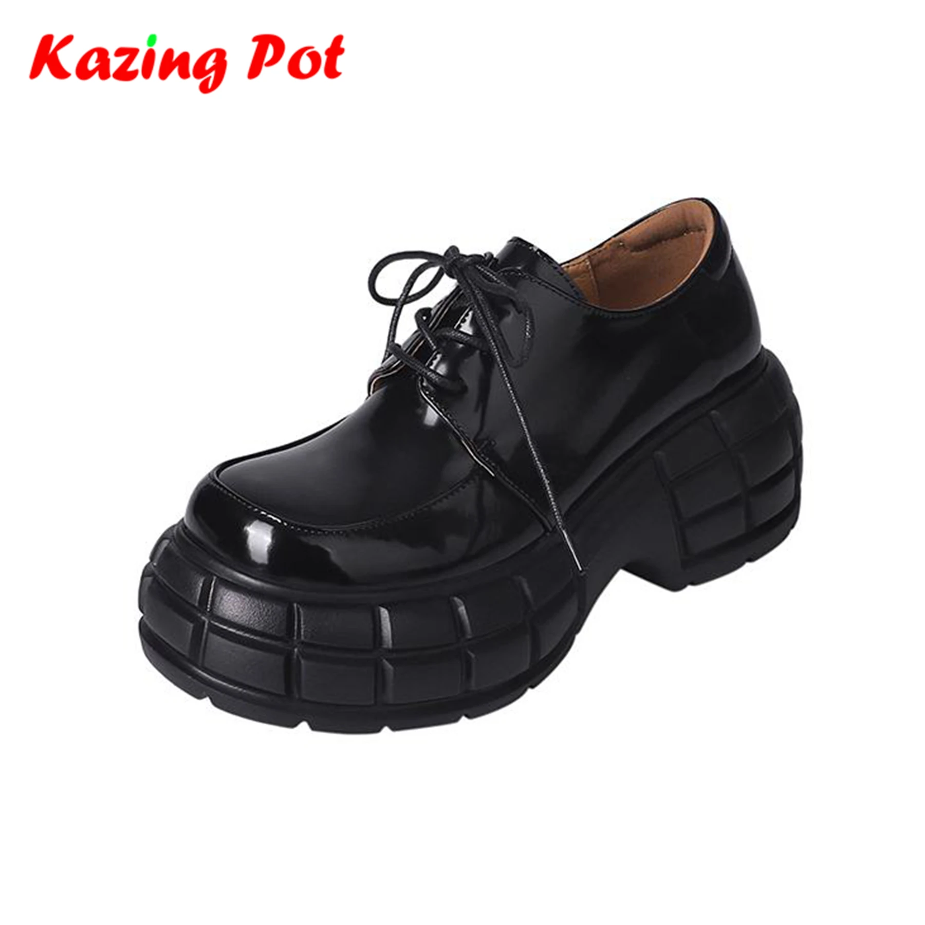 

Krazing Pot Full Grain Leather Autumn Shoes Lace Up British School Flat Platform Thick Bottom European Punk Design Women Pumps