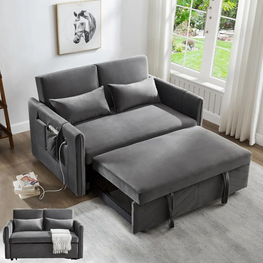 3 in 1 Pull Out Convertible Sofa Bed-Velvet Sleeper Sofa with 3Level Adjustable Backrest,Tufted Love Seat w/ 2Pockets ＆ 2Pillows