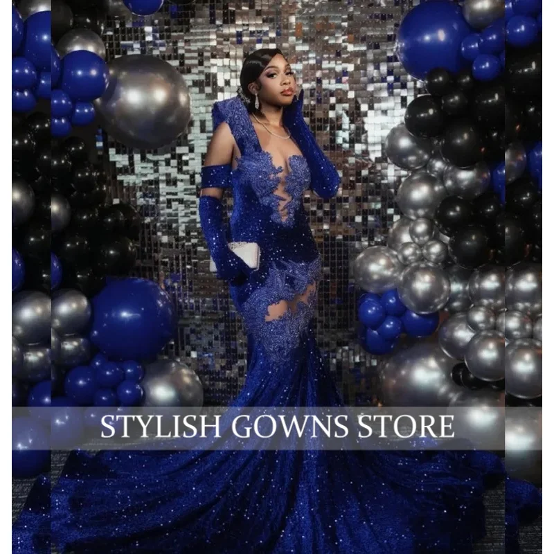 

Exquisite Blue Prom Dresses Luxury Crystal Sequin Mermaid Wedding Party Dress 2025 African Female Luxurious Customized