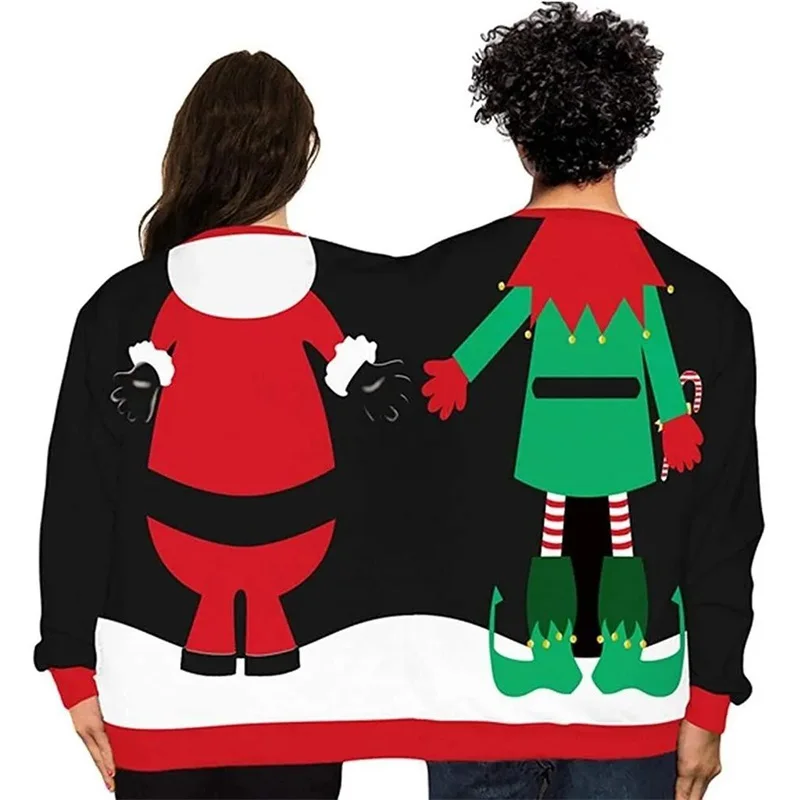 Double Ugly Christmas Couple Sweaters Siamese Twins Pullover 3D Printed Funny Couple Sweatshirt