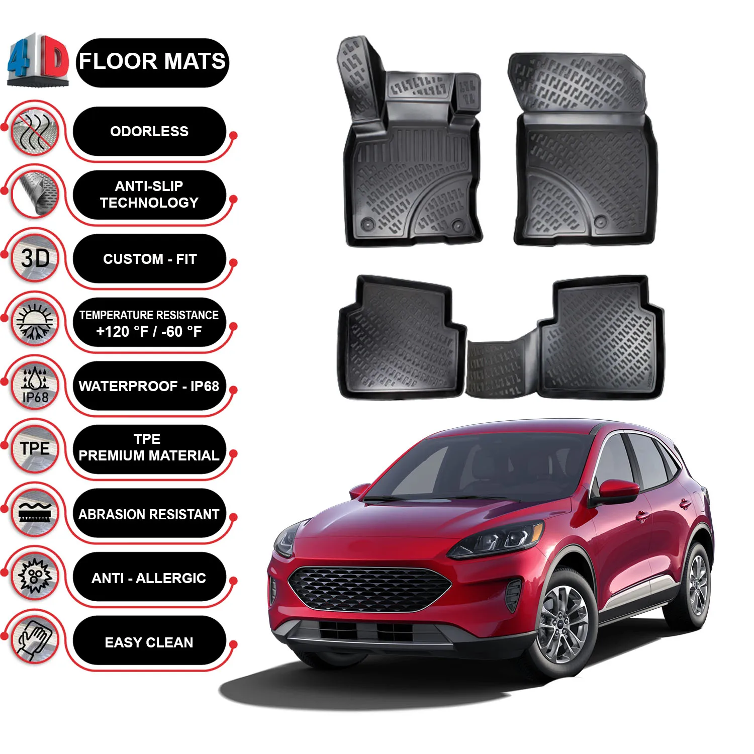 Floor Mats Liner Waterproof 3D - (Black) Ford Escape - (2019-2022)