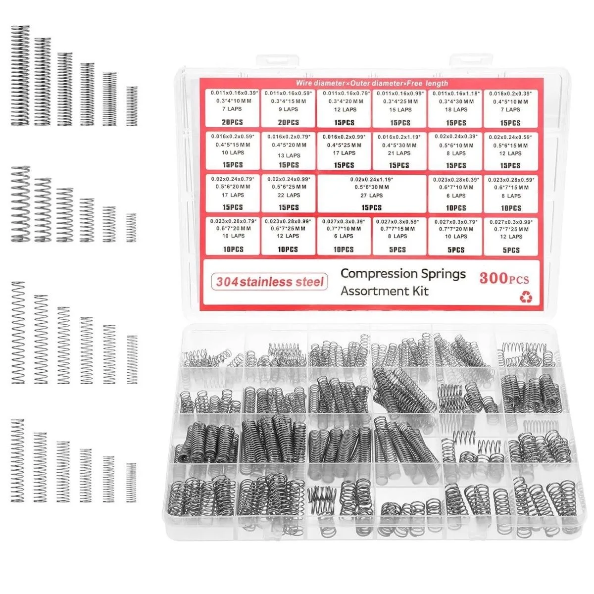 304Stainless Steel Compression Springs Set 23 Different Sizes 300 Boxed Springs for Durable Compression And Tension Applications
