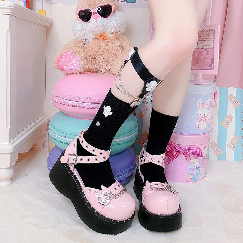 

Japanese Lolita Gothic Cross Bandage Hot Girl Punk Little Devil Star Chain Locomotive Gothic Platform Shoes Women Cosplay Cos