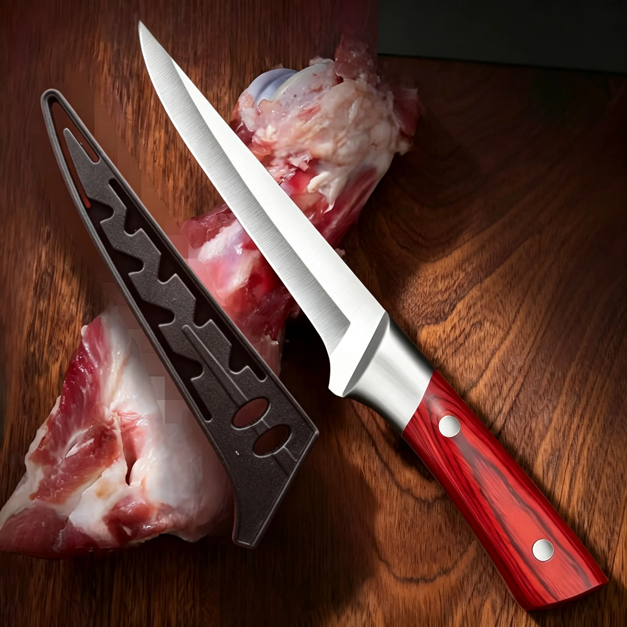 Professional bone-cutting knife, made of stainless steel, with non-slip handle and knife sheath. Suitable for kitchen cooking.