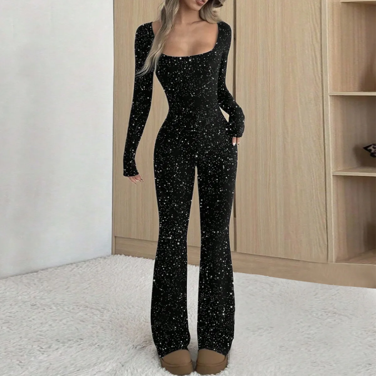 

Women's Autumn Best-selling Style-Fitting Sexy Square-neck Silver-plated One-piece Pants for Women