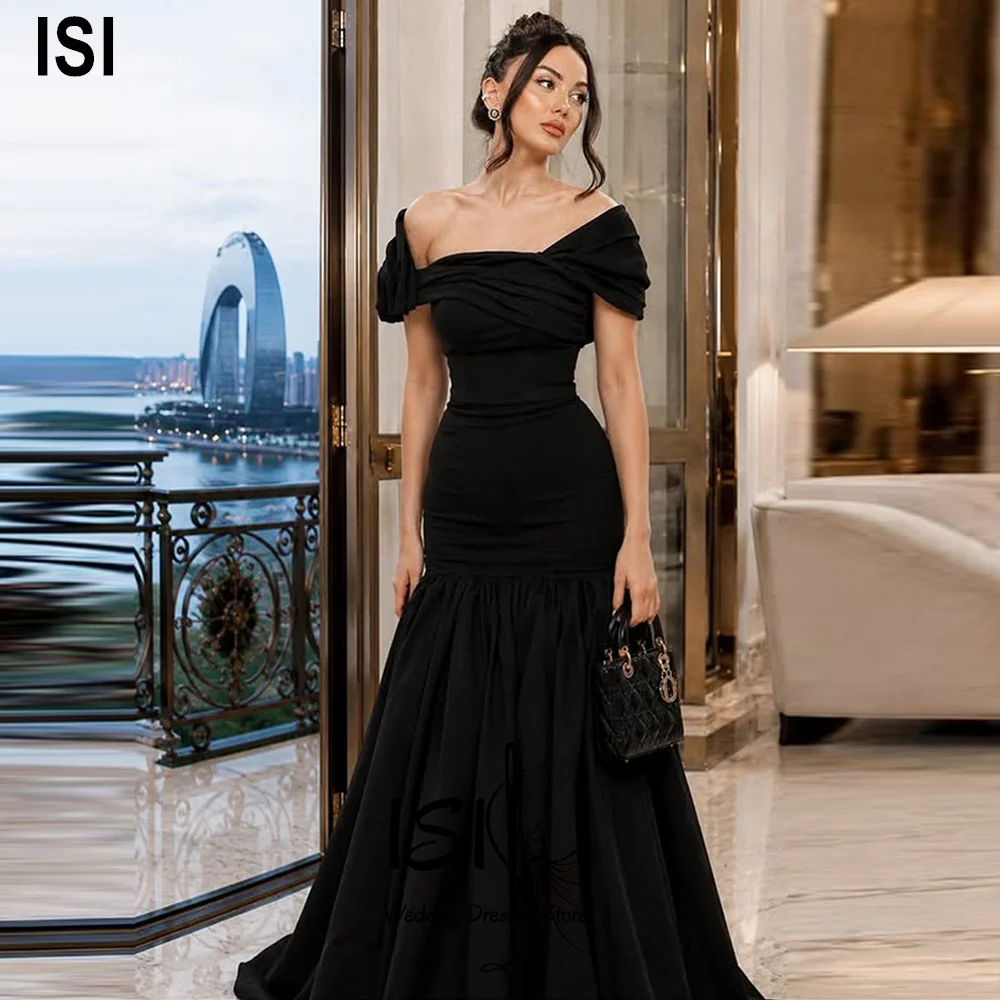 SI Elegantes schwarzes Meerjungfrau-Abendkleid, schulterfrei, ärmellos, mit Falten, formelles langes Abendkleid für Damen, individuell gestaltet