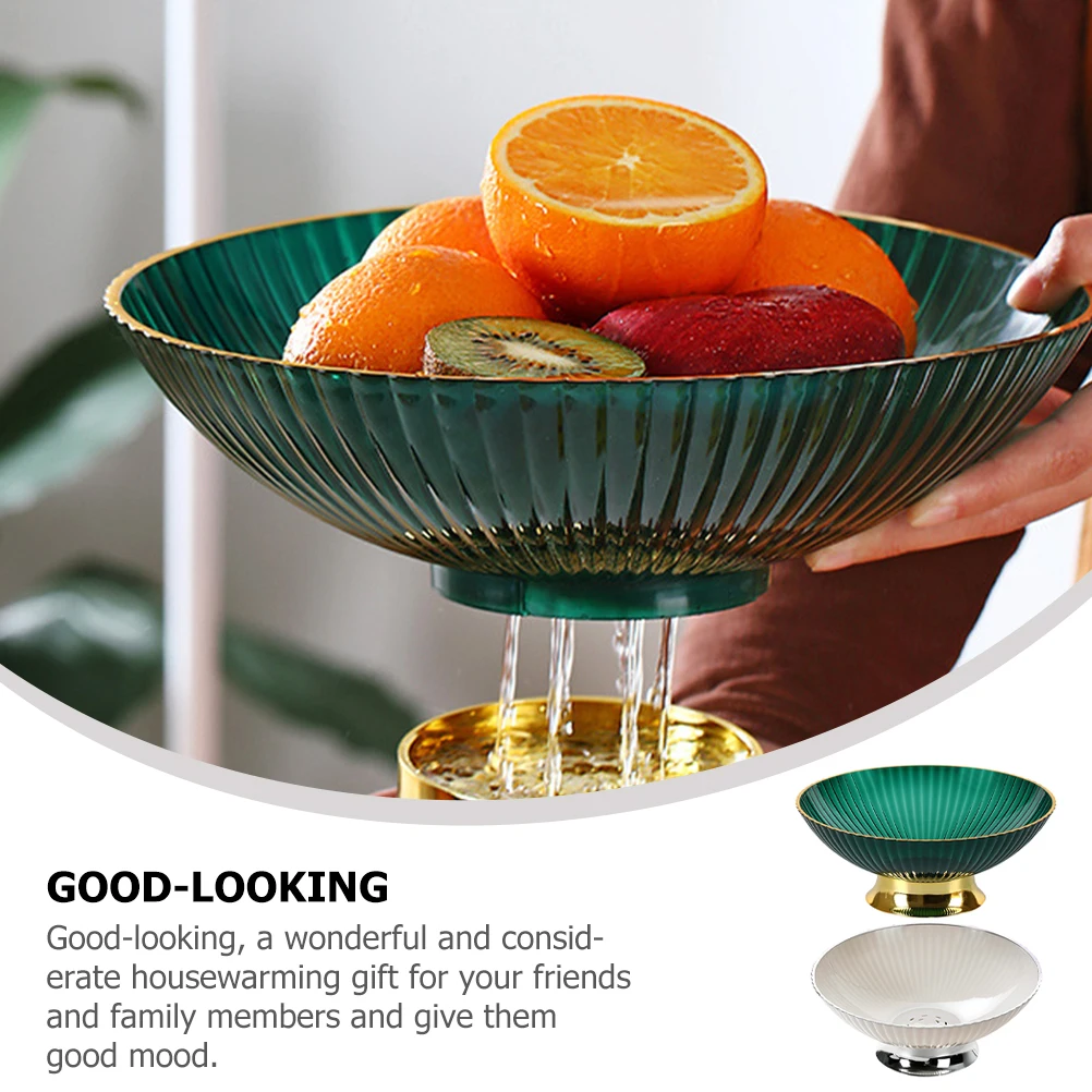 

2Pcs Tall Fruit Plate High Foot Drain Tray Large Capacity CreamWhite InkGreen Kitchen Storage Toiletries Snack Serving